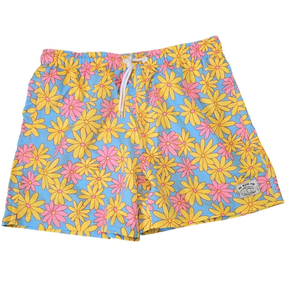 Big Wave Fun Floral Swim Trunks Men's Small Blue Pink Yellow Daisy Beach Shorts
